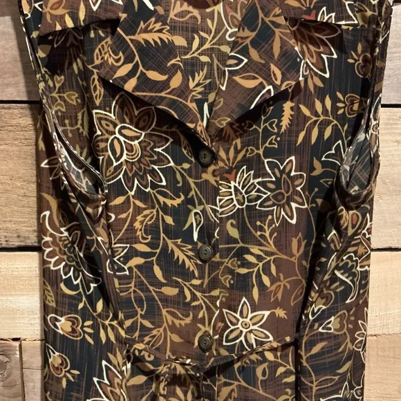 R & K Vintage Brown Floral Sleeveless Pencil Sheath Dress 14P Maxi Slimming Chic - Picture 2 of 7